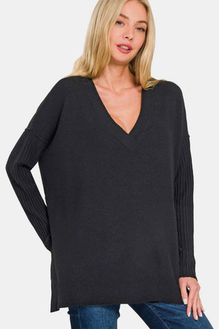 V-Neck Side Slit High-Low Sweater