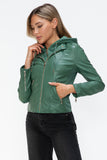 Faux Leather zip-up Drawstring Hooded Jacket