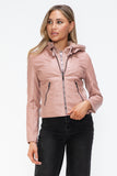 Faux Leather Zip Up Drawstring Hooded Jacket