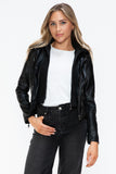 Faux Leather Zip Up Drawstring Hooded Jacket