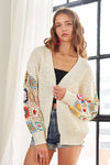 Full Size Contrast Crochet Open Front Long Sleeve Cardigan