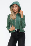 Faux Leather zip-up Drawstring Hooded Jacket