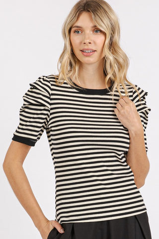 Striped Round Neck Puff Sleeve T-Shirt