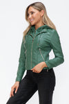 Faux Leather zip-up Drawstring Hooded Jacket