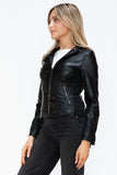 Faux Leather Zip Up Drawstring Hooded Jacket