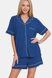 Button Down Short Sleeve Top and Shorts Lounge Set