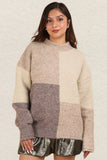 Color Block Mock Neck Drop Shoulder Sweater