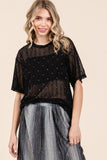 Round Neck Drop Shoulder Mesh Glitter Top