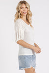 Mixed Media Textured Knit Popcorn Puff Sleeve Blouse