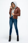 Faux Layered Double-Zipper Jacket with Fuzzy Hood