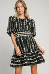 Ribbon Print Frill Contrast Velvet Trim Half Sleeve Dress