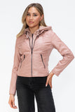 Faux Leather Zip Up Drawstring Hooded Jacket