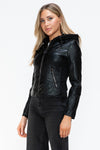 Faux Leather Zip Up Drawstring Hooded Jacket