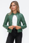 Faux Leather zip-up Drawstring Hooded Jacket