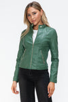 Faux Leather zip-up Drawstring Hooded Jacket