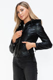 Faux Leather Zip Up Drawstring Hooded Jacket