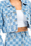 Checkered Long Sleeve Cropped Denim Jacket