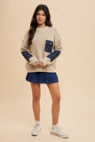 Contrast Round Neck Drop Shoulder Sweater with Patch Pocket