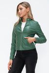 Faux Leather zip-up Drawstring Hooded Jacket