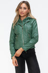 Faux Leather zip-up Drawstring Hooded Jacket