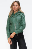 Faux Leather zip-up Drawstring Hooded Jacket