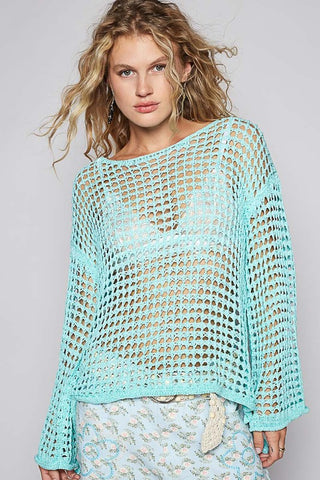 POL Side Slit Openwork Long Sleeve Knit Cover-Up