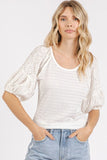 Mixed Media Textured Knit Popcorn Puff Sleeve Blouse