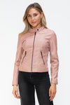 Faux Leather Zip Up Drawstring Hooded Jacket