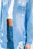 Frayed Hem Distressed Denim Shirt Jacket