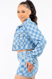 Checkered Long Sleeve Cropped Denim Jacket