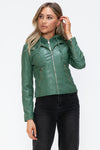 Faux Leather zip-up Drawstring Hooded Jacket