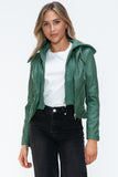 Faux Leather zip-up Drawstring Hooded Jacket