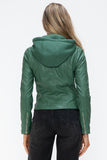 Faux Leather zip-up Drawstring Hooded Jacket