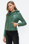 Faux Leather zip-up Drawstring Hooded Jacket