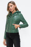 Faux Leather zip-up Drawstring Hooded Jacket