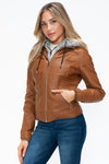 Faux Layered Double-Zipper Jacket with Fuzzy Hood