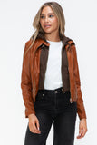 Faux Leather Zip Up Drawstring Hooded Jacket