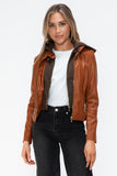 Faux Leather Zip Up Drawstring Hooded Jacket