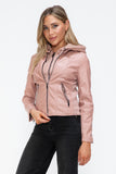 Faux Leather Zip Up Drawstring Hooded Jacket