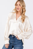 Notched Long Sleeve Blouse