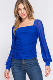 Square Neck Mesh Long Sleeve Shirring Top