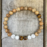 Tigers Eye, White Howlite, & Sandalwood Mala Beaded Bracelet