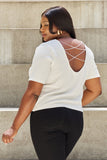 Pearly White Full Size Criss Cross Pearl Detail Open Back T-Shirt