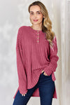 Ribbed Half Button Long Sleeve High-Low T-Shirt