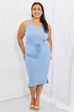 Flatter Me Full-Size Ribbed Front Tie Midi Dress in Pastel Blue