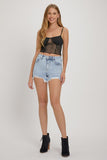 High Rise Rhinestone Strap Embellished Denim Shorts