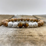 Tigers Eye, White Howlite, & Sandalwood Mala Beaded Bracelet