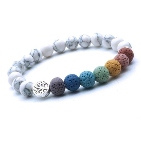 Tree of Life 7 Chakra Lava Stones and White Stone Bracelet