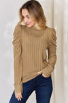 Ribbed Mock Neck Puff Sleeve T-Shirt