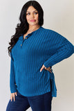 Ribbed Half Button Long Sleeve High-Low T-Shirt